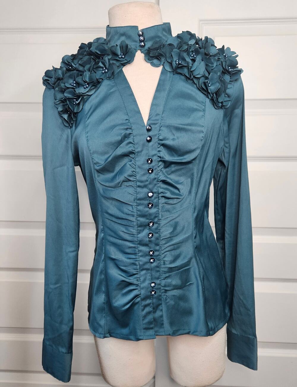 Teal Satin Ruched Keyhole Blouse 3D Floral Shoulder Bead Romantic Goth Party Top